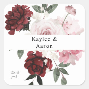 Burgundy & Blush Pink Floral Thank You Square Sticker