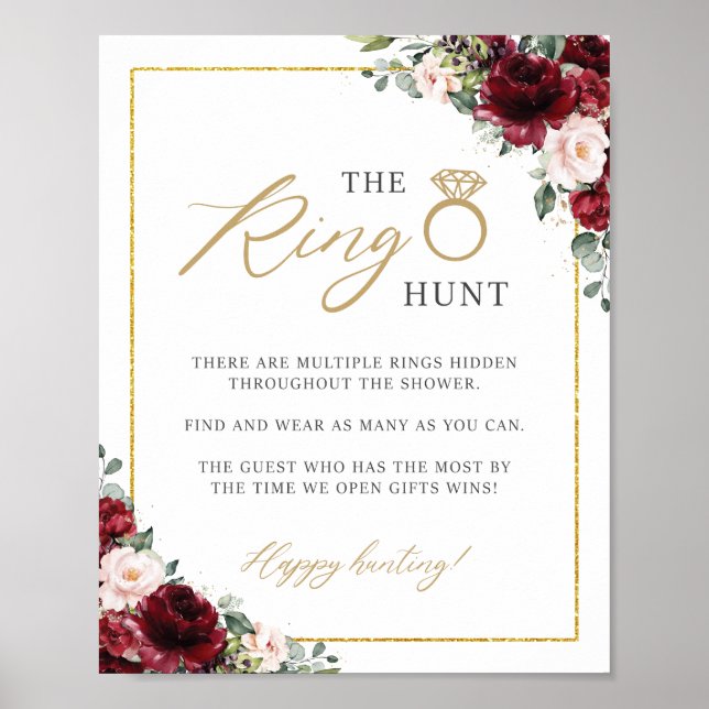 Burgundy Blush Pink Floral The Ring Hunt Game Sign (Front)
