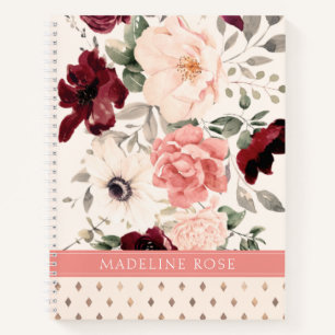 Burgundy Blush Pink Floral Watercolor Name Notebook