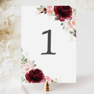 Burgundy Blush Pink Floral Wedding Bridal Shower  Table Number