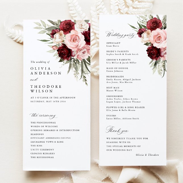Burgundy Blush Pink Floral Wedding Ceremony Program (burgundy blush pink floral wedding program card, ceremony program, elegant burgundy rose stationery)