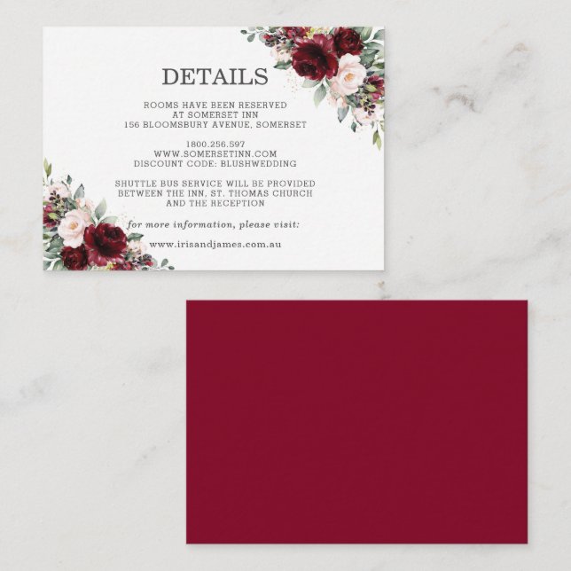 Burgundy Blush Pink Floral Wedding Details Enclosu Enclosure Card (Front/Back)