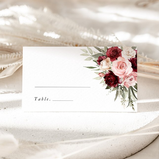 Burgundy Blush Pink Floral Wedding Name Place Card (burgundy blush pink floral wedding place cards, name cards, escort cards, elegant rose table decor)