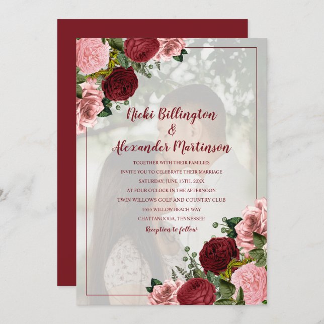 Burgundy Blush Pink Floral Wedding Photo Invitation (Front/Back)