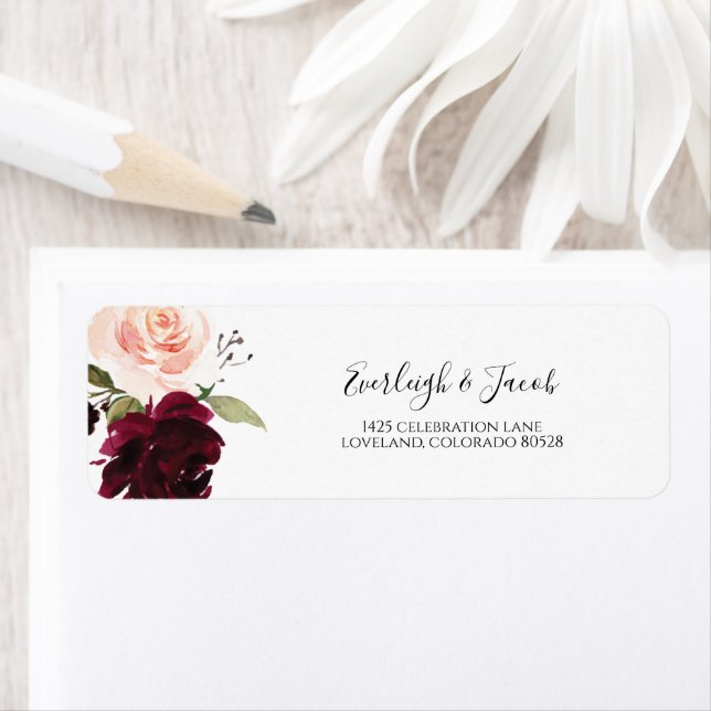 Burgundy Blush Pink Floral Wedding Return Address Label (Insitu)