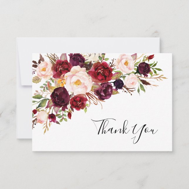 Burgundy Blush Pink Floral Wedding Thank You Card (Front)