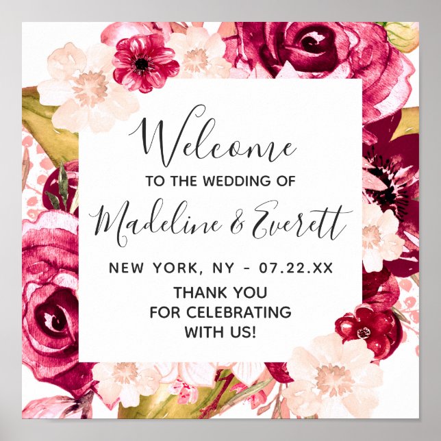 Burgundy & Blush Pink Floral Wedding Welcome Sign (Front)