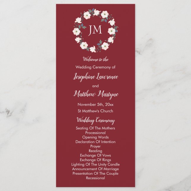Burgundy Blush Pink Floral Wreath Monogram Program (Front)