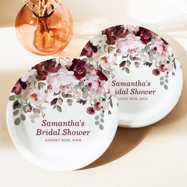 Burgundy Blush Pink Flowers Bridal Shower Paper Plate (Creator Uploaded)