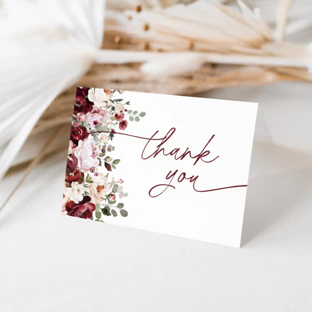 Burgundy Blush Pink Flowers Bridal Shower Thank You Card | Zazzle