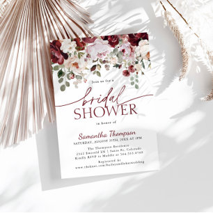 Burgundy Blush Pink Flowers, Floral Bridal Shower Invitation
