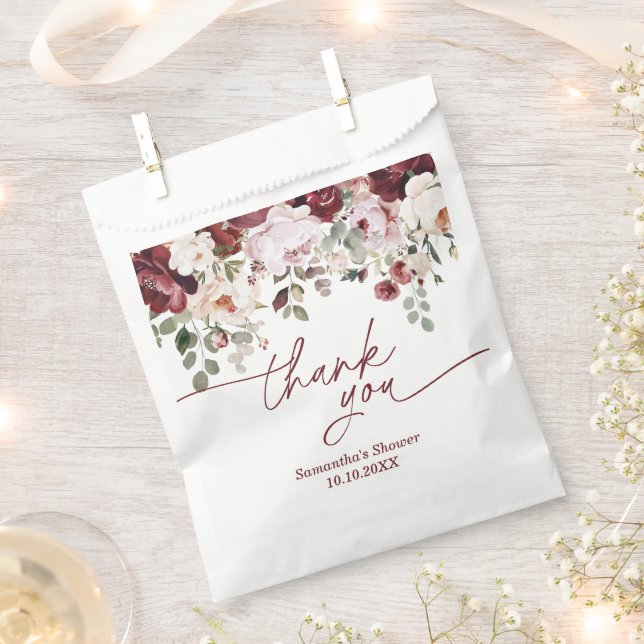 Burgundy Blush Pink Flowers Shower Thank You Favour Bag (Clipped)