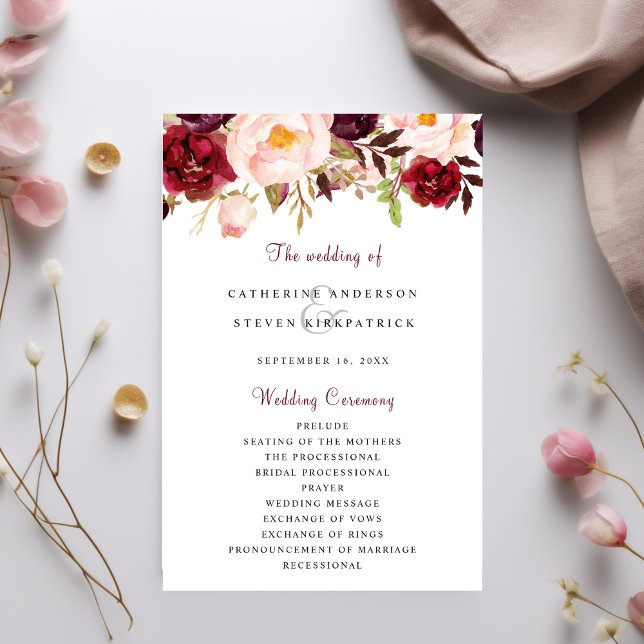 Burgundy Blush Pink Garden Floral Wedding Program (Creator Uploaded)