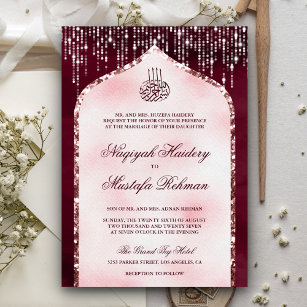 Burgundy Blush Pink Glitter Arch Muslim Wedding Invitation
