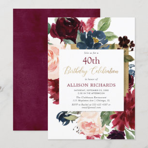 Burgundy blush pink gold floral birthday party invitation