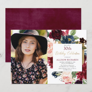Burgundy blush pink gold floral birthday photo invitation