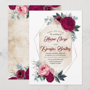 Burgundy Blush Pink Gold Floral Geometric Wedding Invitation