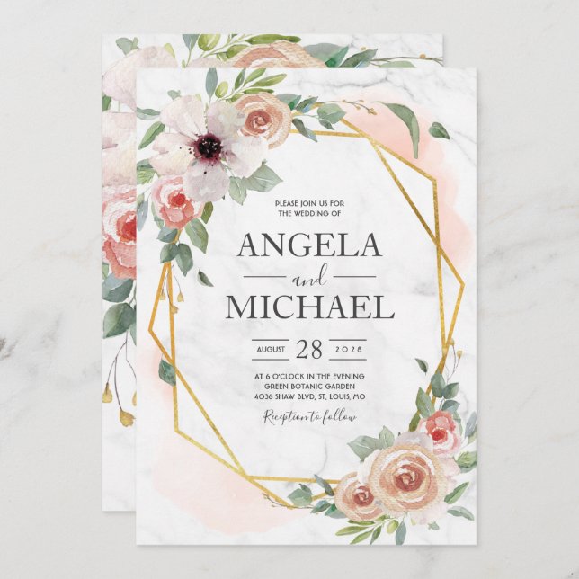 Burgundy Blush Pink Gold Floral Invitation (Front/Back)