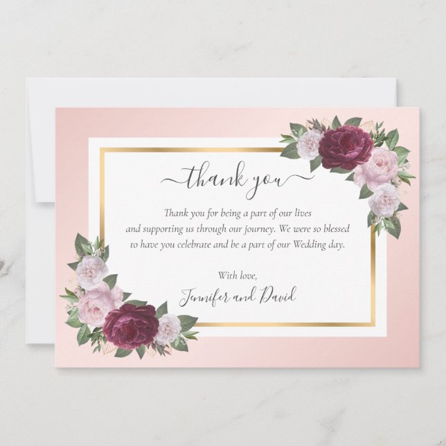 Burgundy Blush Pink Gold Floral Thank You Card (Front)