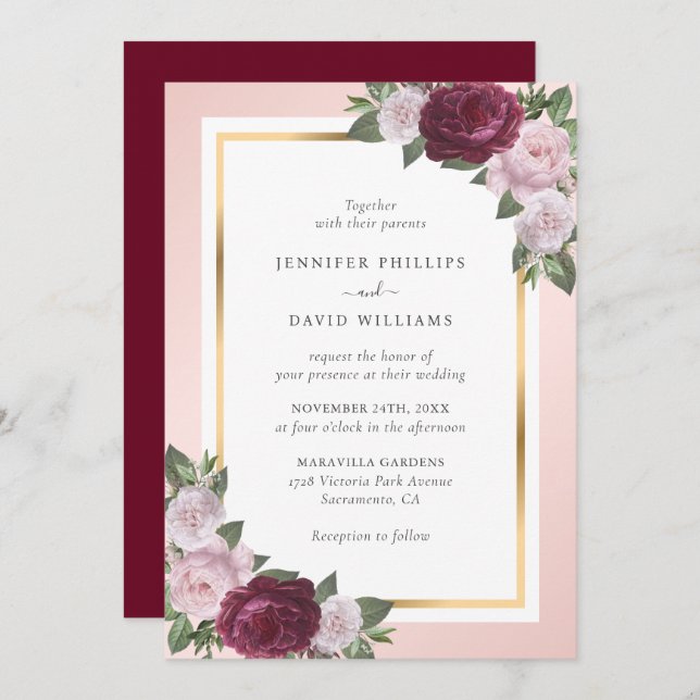 Burgundy Blush Pink Gold Floral Wedding Invitation (Front/Back)