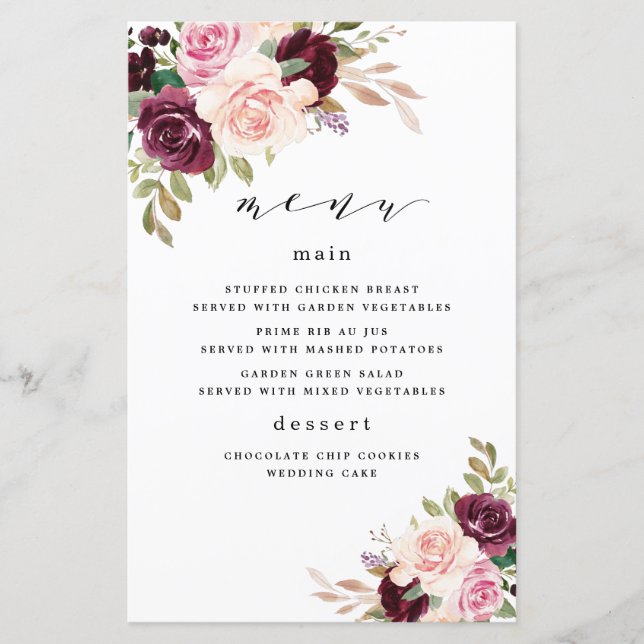 Burgundy Blush Pink Gold Floral Wedding Menu Cards (Front)