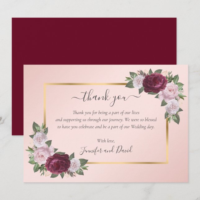 Burgundy Blush Pink Gold Floral Wedding Thank You Card (Front/Back)