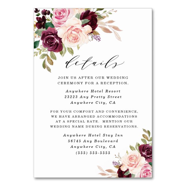 Burgundy Blush Pink Gold Wedding Enclosure Cards (Front)