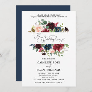 Burgundy Blush Pink Navy Blue Floral Wedding Invitation