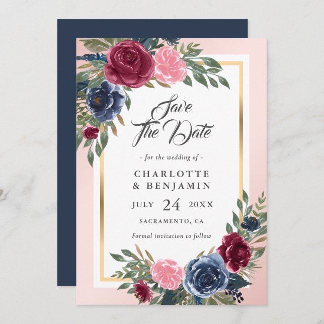 Burgundy Blush Pink Navy Blue Floral Wedding Save The Date (Front/Back)