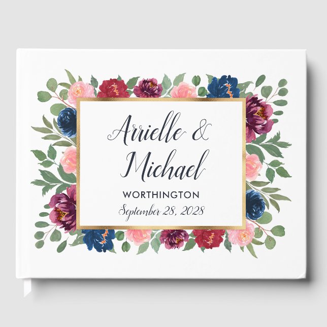 Burgundy Blush Pink Navy Blue Marsala Gold Wedding Guest Book (Front)