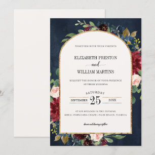 Burgundy Blush Pink Navy Floral Arch Frame Wedding Invitation