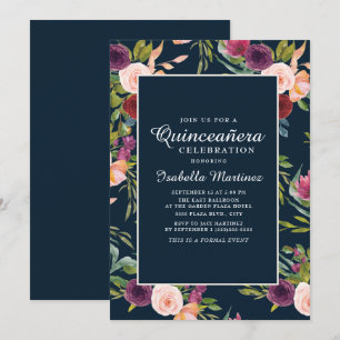 Burgundy Blush Pink Navy Floral Quinceañera Invitation