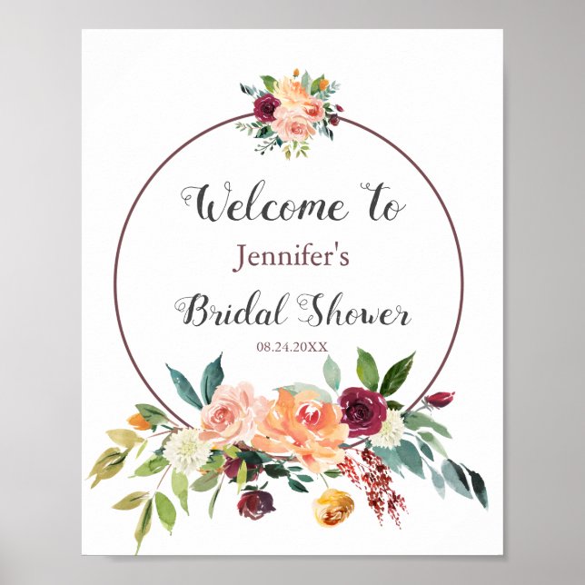 Burgundy Blush Pink Peach Bridal Shower Welcome Poster (Front)