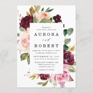 Burgundy Blush Pink Peach Gold Floral Boho Wedding Invitation