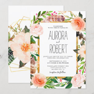 Burgundy Blush Pink Peach Gold Floral Boho Wedding Invitation
