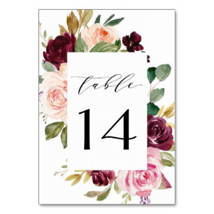 Burgundy Blush Pink Peach Gold Floral Boho Wedding Table Number