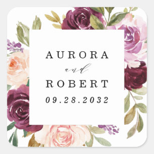 Burgundy Blush Pink Peach Gold Wedding Favour Square Sticker