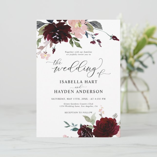 Burgundy Blush Pink Red Bordo Floral Wedding Invitation (Standing Front)