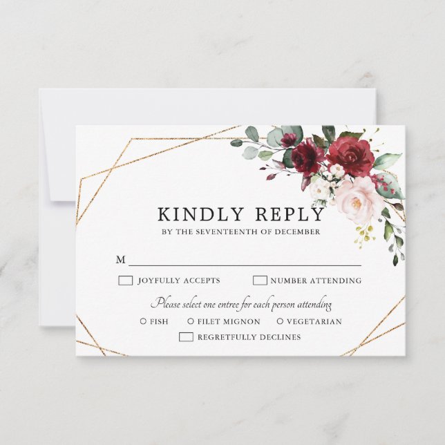 Burgundy Blush Pink Rose Boho Geometric Wedding RSVP Card (Front)