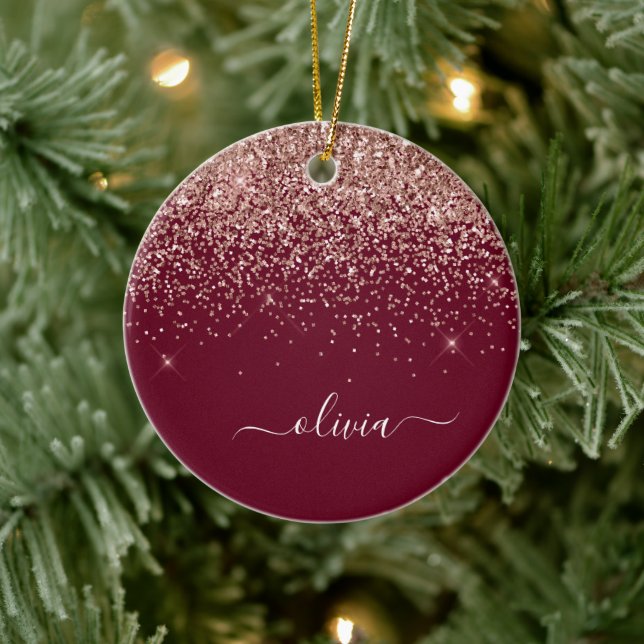 Burgundy Blush Pink Rose Gold Glitter Monogram Ceramic Ornament (Tree)