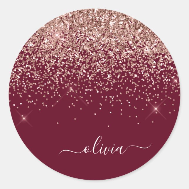 Burgundy Blush Pink Rose Gold Glitter Monogram Classic Round Sticker (Front)