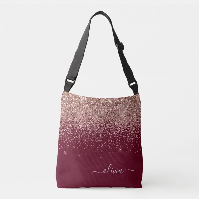 Burgundy Blush Pink Rose Gold Glitter Monogram Crossbody Bag (Front)