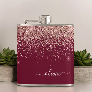 Burgundy Blush Pink Rose Gold Glitter Monogram Hip Flask