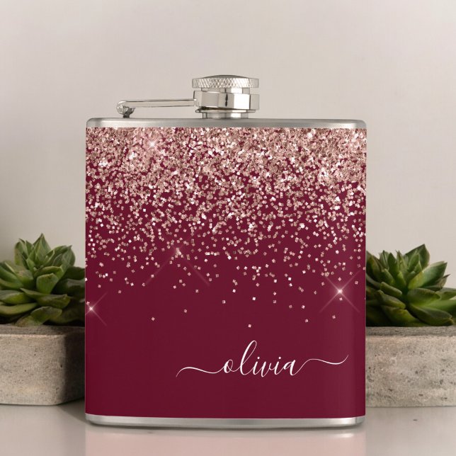 Burgundy Blush Pink Rose Gold Glitter Monogram Hip Flask (Creator Uploaded)