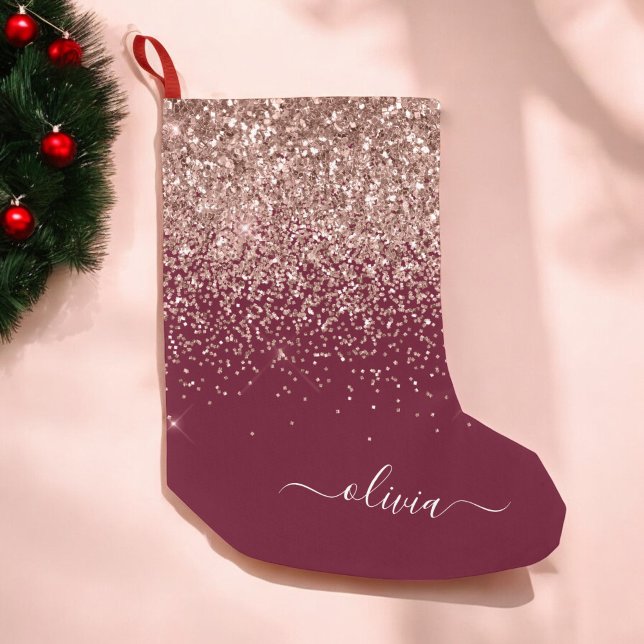 Burgundy Blush Pink Rose Gold Glitter Monogram Small Christmas Stocking (Creator Uploaded)