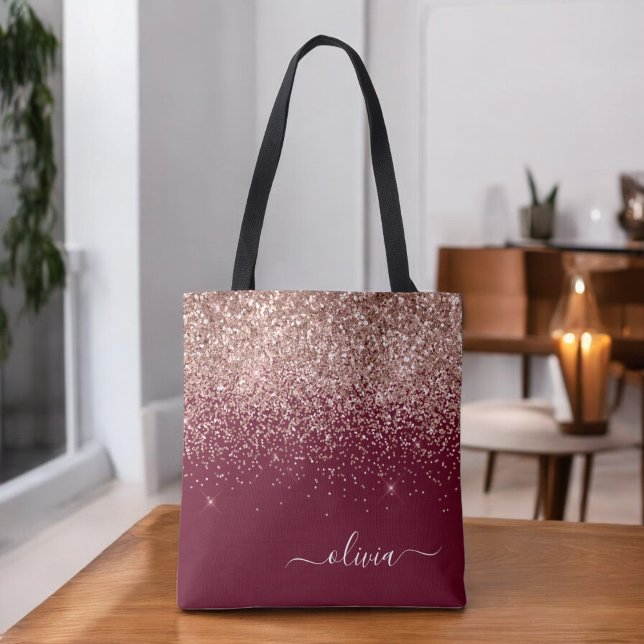Burgundy Blush Pink Rose Gold Glitter Monogram Tote Bag (Creator Uploaded)