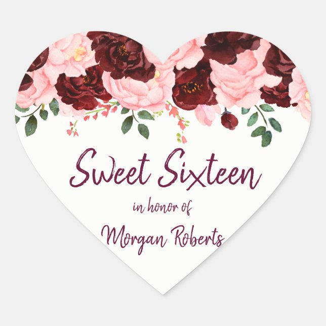 Burgundy & Blush Pink Rose Sweet 16 Party Heart Sticker (Front)