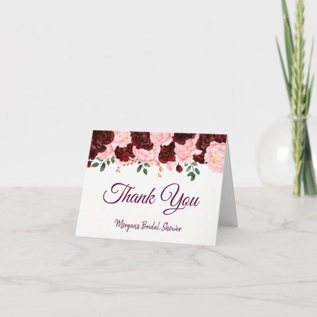 Burgundy Blush Pink Roses Bridal Shower Thank You (Front)