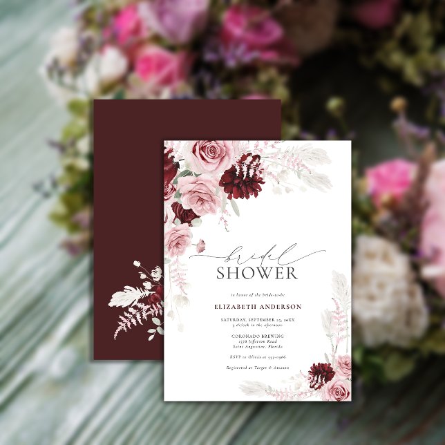 Burgundy Blush Pink Roses Floral Bridal Shower Invitation (Creator Uploaded)