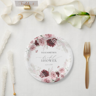 Burgundy Blush Pink Roses Floral Bridal Shower Paper Plate